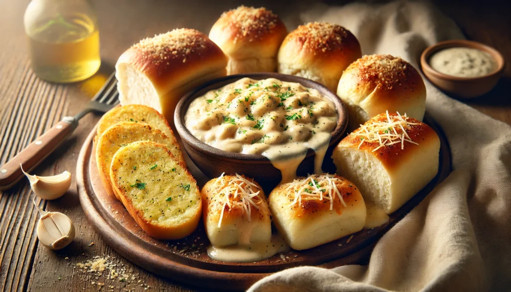 Garlic bread with chicken alfredo